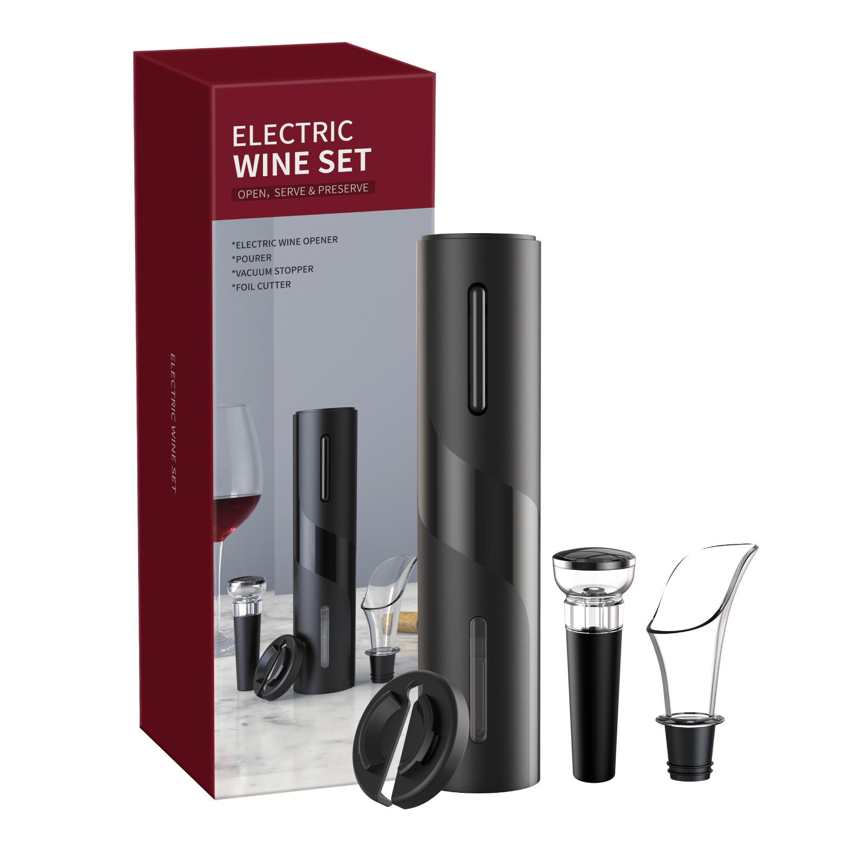 Wine Electronic Corkscrew USB Rechargeable Electric Wine Opener + Pourer + Vacuum Stopper + Foil Cutter Kits Wine Tools Set
Wine Electronic Corkscrew USB Rechargeable Electric Wine Opener + Pourer + Vacuum Stopper + Foil Cutter Kits Wine Tools Set