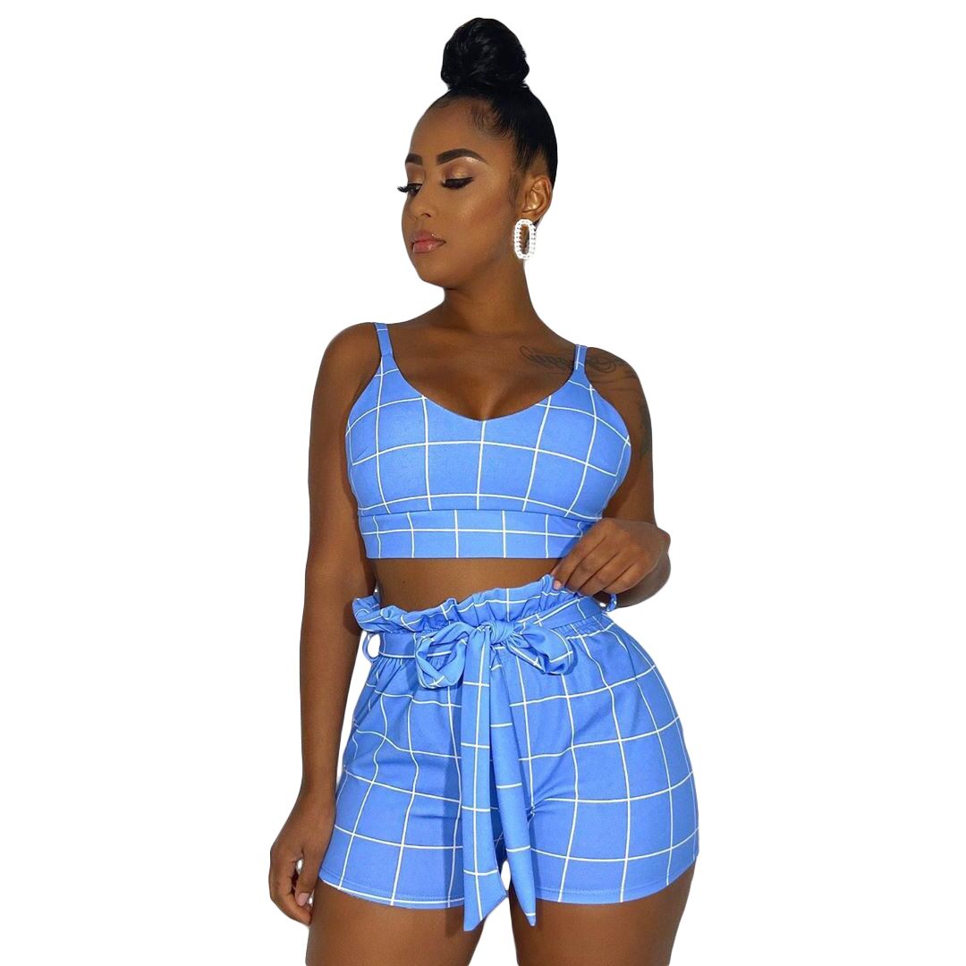 New Women Sets Summer Tracksuits Plaid Print TopsShorts Suit Two Piece Set Club Party Sashes Street 2 Pcs Outfits GL736 T200603