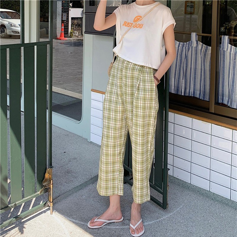 HOUZHOU Summer Checkered Pant Plaid Pants Korean Style Wide Leg Casual Loose High Waist Straight Trousers 201109