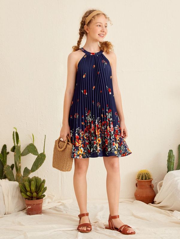 Teen Girls Floral Print Pleated Halter Dress SHE