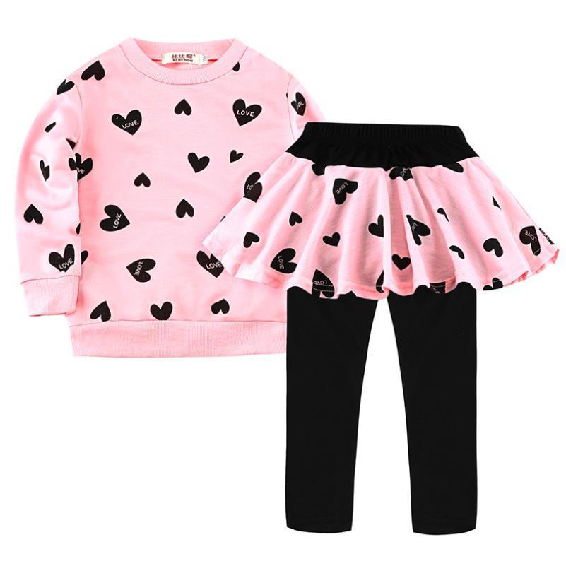 new Baby Girl Clothing Set Heart-shaped Print Bow Cute 2PCS Set Children Cloth Suit Top Tshirt + Pants High quality 2-7Y 201031