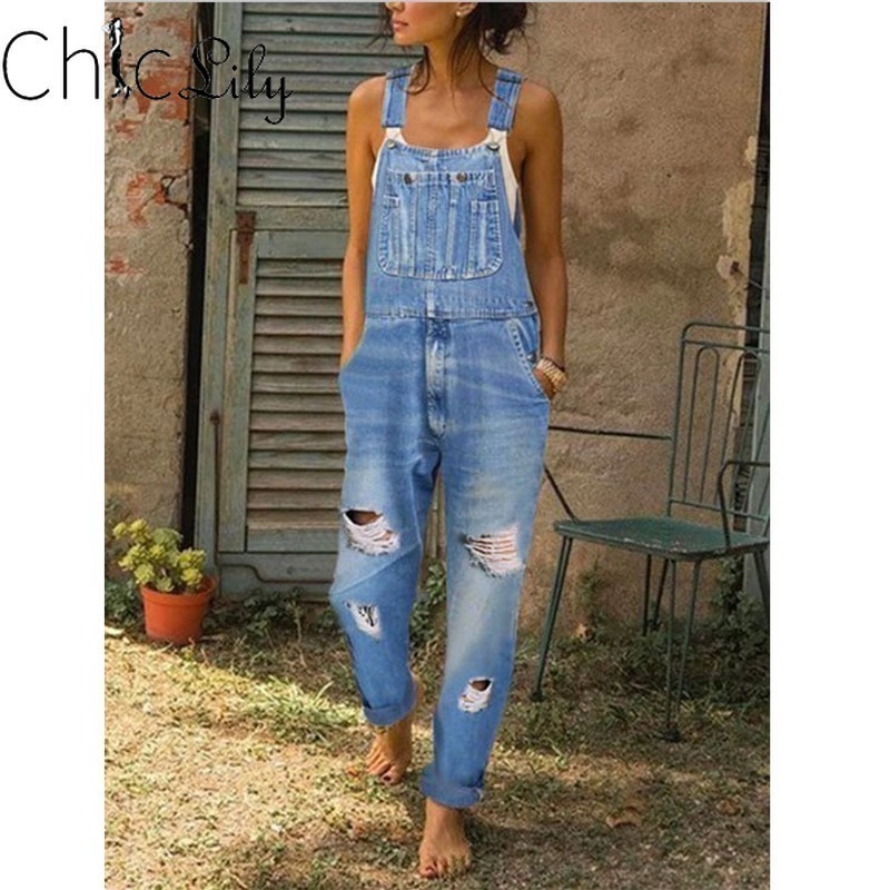 Chiclily Women Denim Jumpsuits Ripped Slim Overalls Mid Waist Full Length Vintage Jeans 201105
