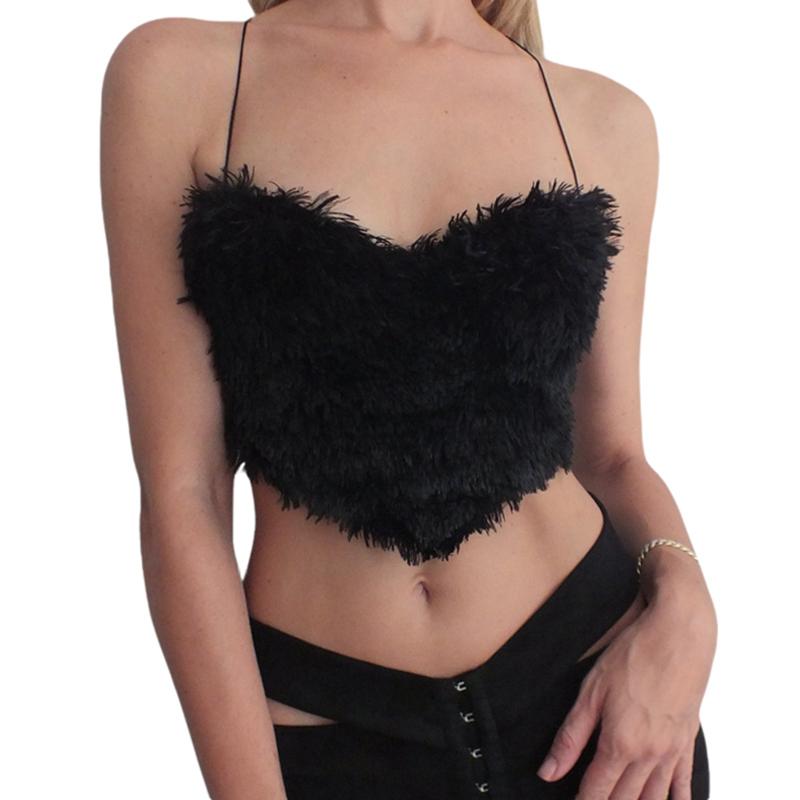 

Fuzzy Camisole Women' Sexy Crop Cami Tops Fashion Sleeveless Crisscross Tie Knot Back Solid Color Camis, Black