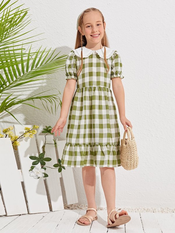 Girls Peter Pan Collar Puff Sleeve Gingham Dress SHE