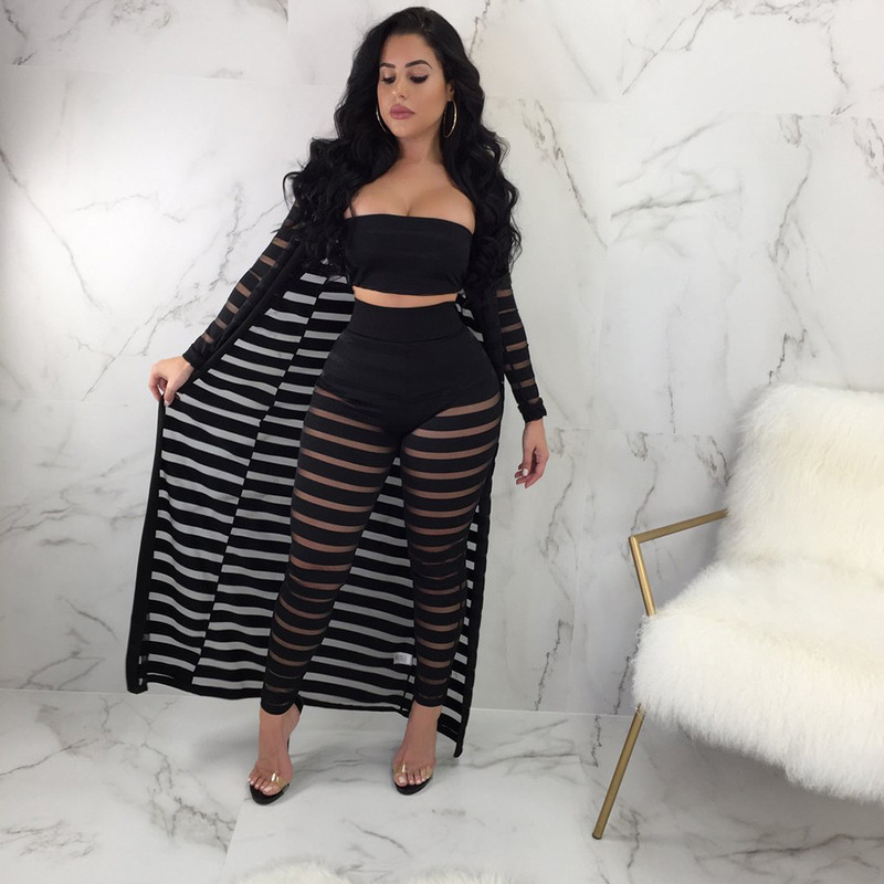 Perspective Sexy 3 Piece Set Women Cardigan Long Cloak Coat + Crop Tops + Pants Set Summer Outfits Three Piece Stripe Tracksuit T200603
