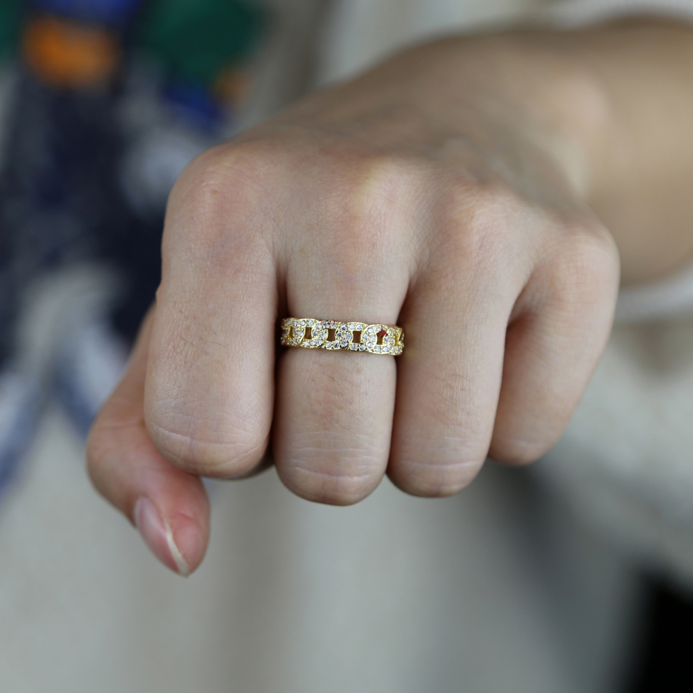 High Quality Micro paved cz Cuban Chain Rings with Gold color open band wedding ring for women lady adjustable finger band ring