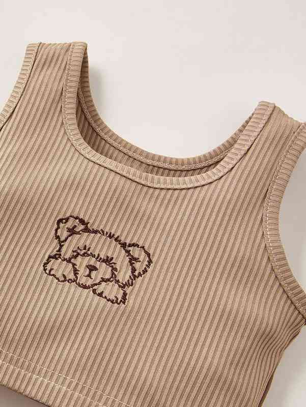 Baby Bear Embroidery Tank Top & Plaid Pants SHE