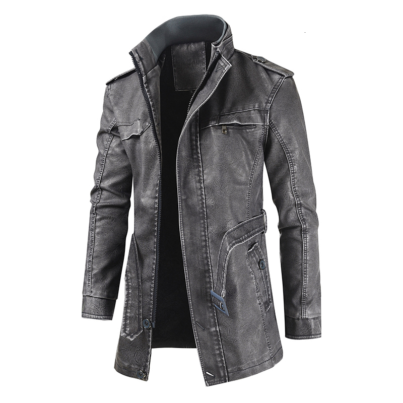 Oumor Men Winter Casual Long Thick Fleece Leather Jacket Parkas Men Outfit Warm Vintage Pockets Faux Leather Jacket Coat Men 201127