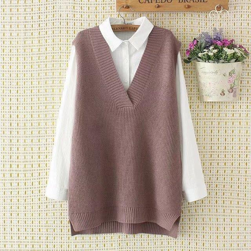 Autumn Preppy Style Knitted Vest Sweaters Women Elegant V Neck Sleeveless Solid Color Long Pullovers Female All Match Loose Tops 201222