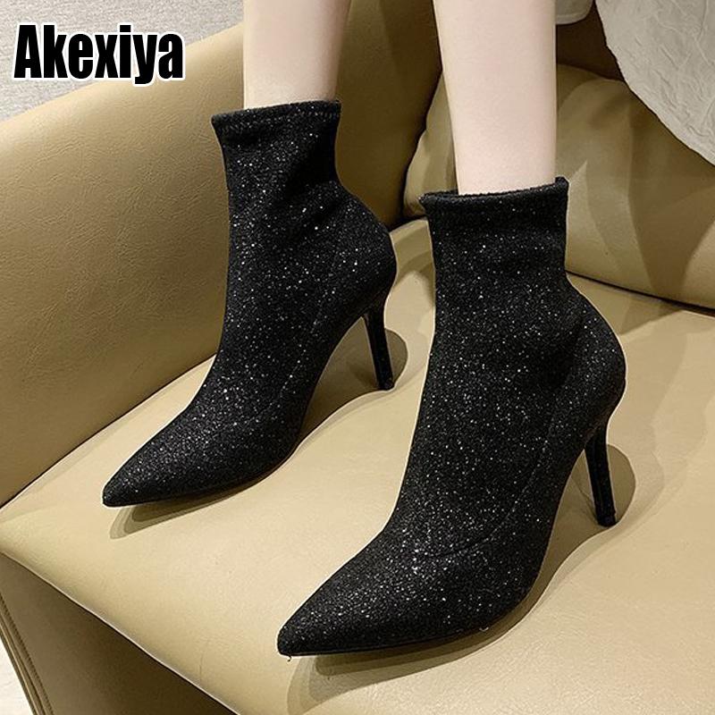 Women Ankle Boots High Heel Shoes Thin Heels Booties Sexy Woman Fashion 2020 Autumn Winter Ankle Sequin Boots p291, Black
