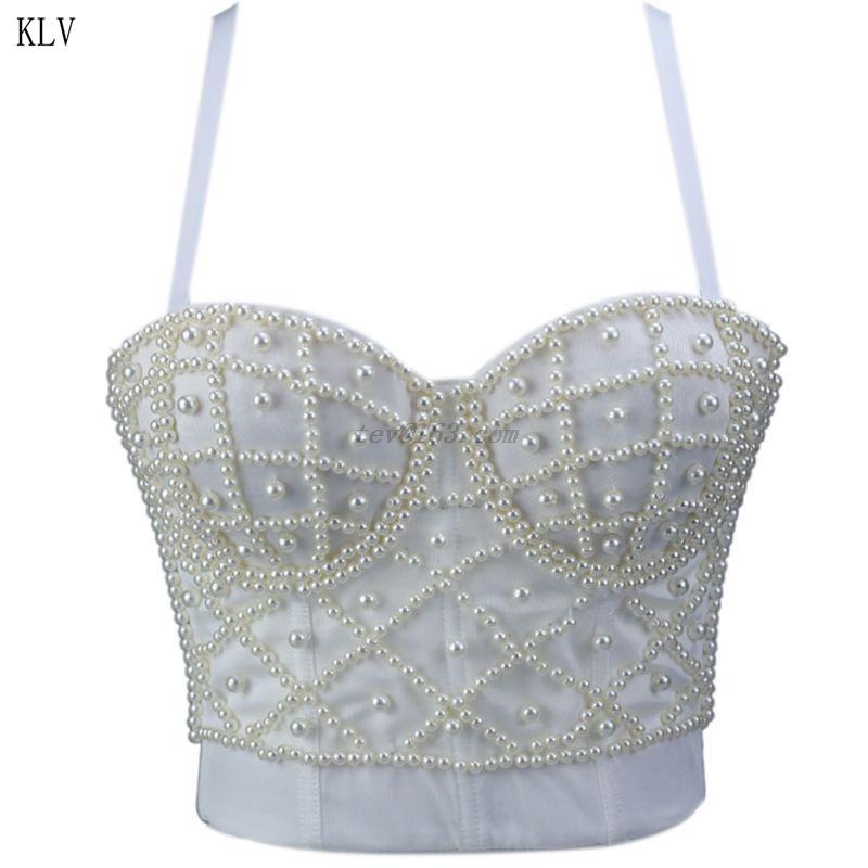 Women Sleeveless Crop Top Sexy Imitation Pearl Beaded Bustier Adjustable Spaghetti Straps Push Up Corset Club Bralette, Bk
Women Sleeveless Crop Top Sexy Imitation Pearl Beaded Bustier Adjustable Spaghetti Straps Push Up Corset Club Bralette, Bk