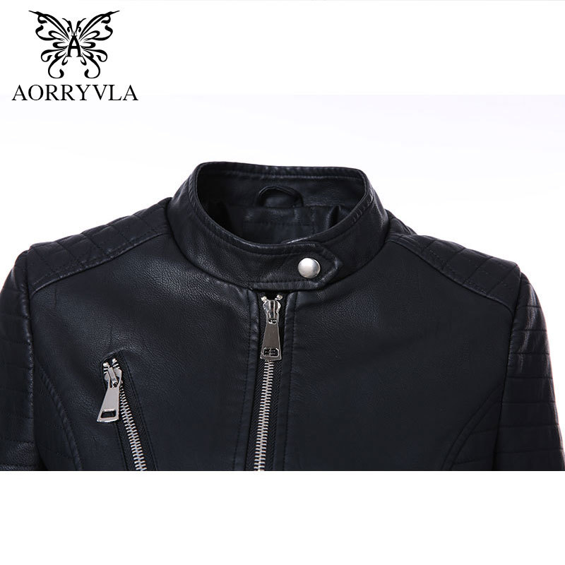 AORRYVLA Black Short Autumn Womens Leather Jacket Long Sleeve Mandarin Collar Moto Biker Zipper Slim Quilted PU Leather Jacket 201226