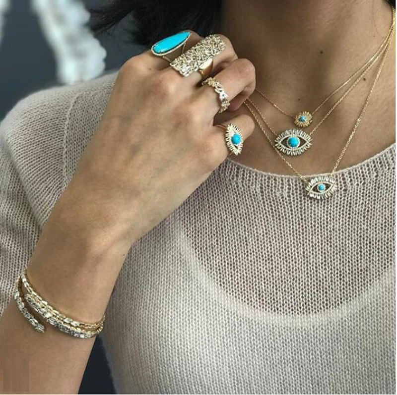 18k gold plated Turkish evil eye necklace lucky girl gift Baguette cubic zirconia turquoise geomstone top quality evil eye jewelry