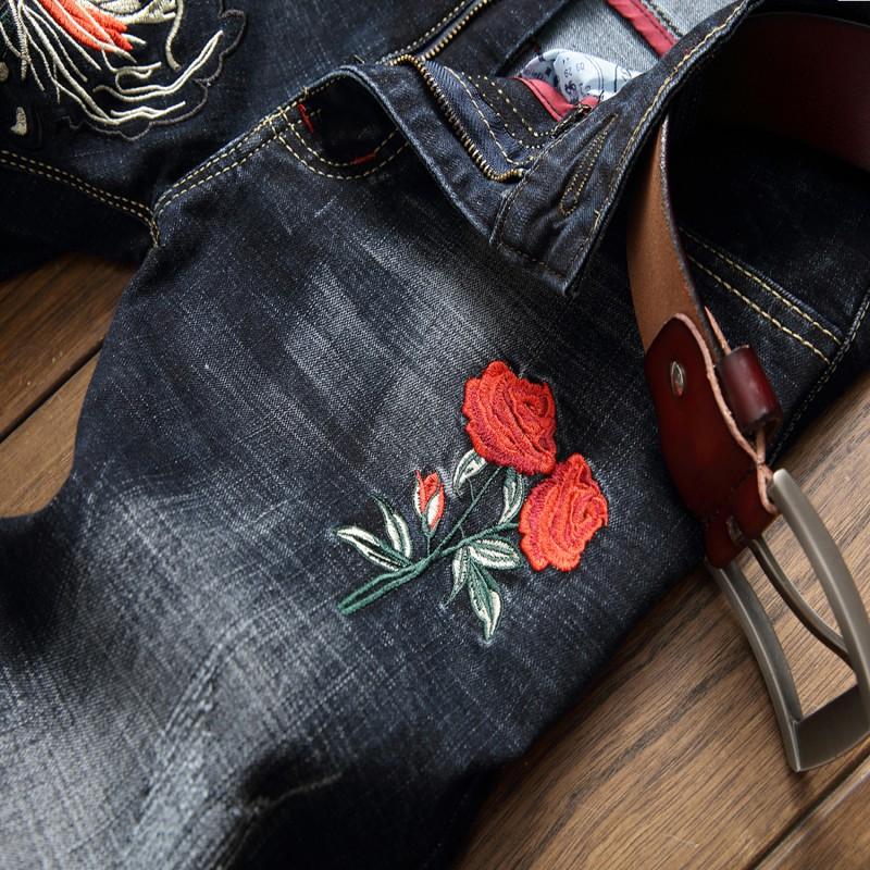 Men's Jeans 2021 Men Denim Pencil Pant Embroidery Stretch Red Rose Dragon Mens Casual Slim Trouser Power Man Club Hip Hop Cool Punk Jean