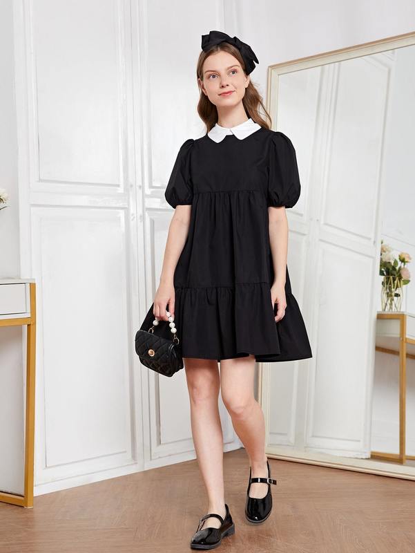 Teen Girls Contrast Collar Ruffle Hem Puff Sleeve Dress SHE