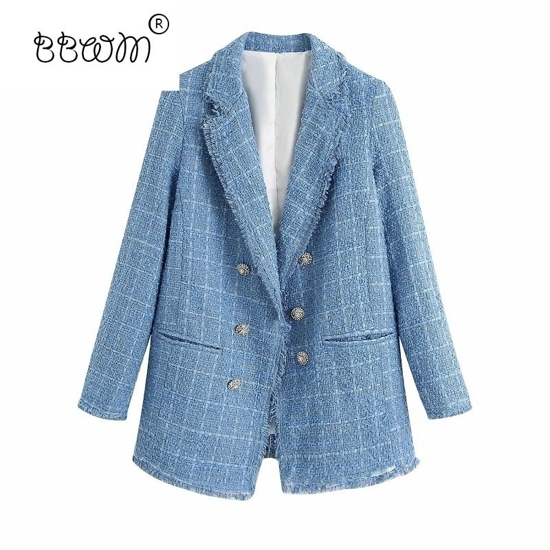 Stylish Chic Blue Jewelry Double Breasted Tweed Jacket Fashion Women Elegant Turn-down Collar Coat Female Chic Outerwear 201109