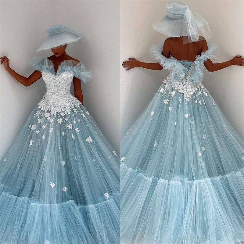 princess a line evening dresses ruffles tulle appliqued lace prom dress light sky blue custom made robe de soire party wear