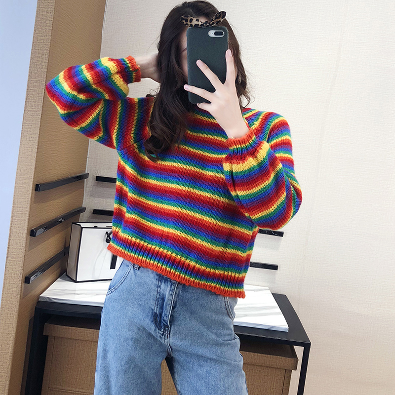 Korean Style Rainbow Sweater Loose Stripe Pullover Knitted Runway Jumpers Women's Sweaters Multicolor Loose Women's Clothes 201225