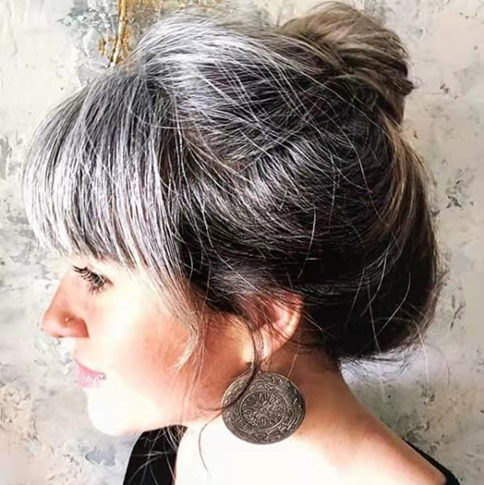 salt n pepper natural highlights grey ponytail hair extension drawstring clip gray ponytail hairpiece curly wavy side part 120g