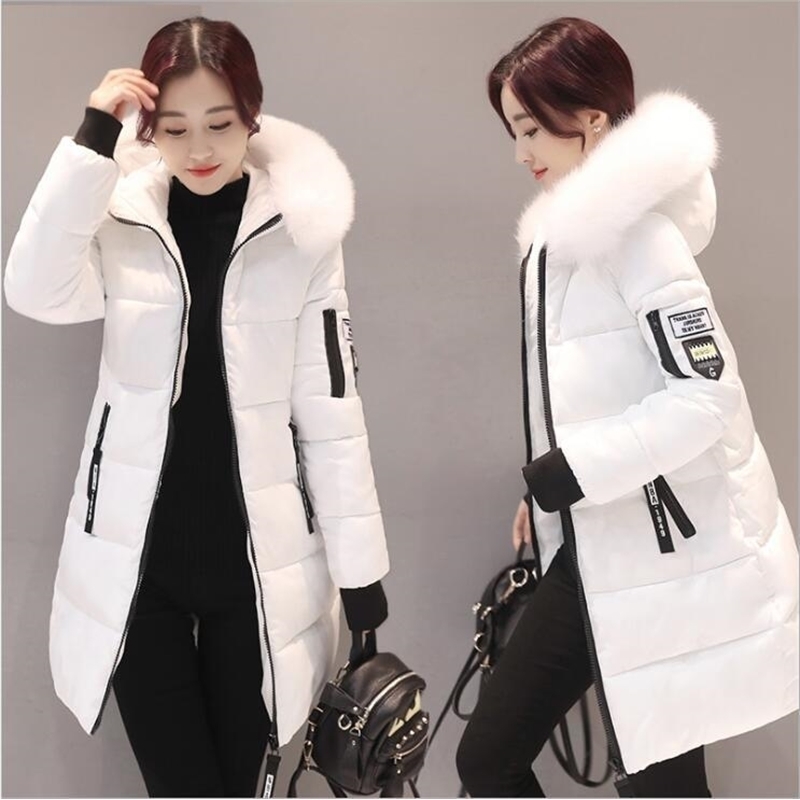 Women Hooded Warm Wadded Coat Winter Jackets Big Fur Collar Slim MidLong Fashion Thick Down Cotton Parka Female Plus Size 201017
