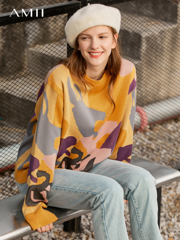 Amii spring lazy style loose sweater women new contrasting, round-collar base-wool sweater pullover tops 11970381 201111wtt
