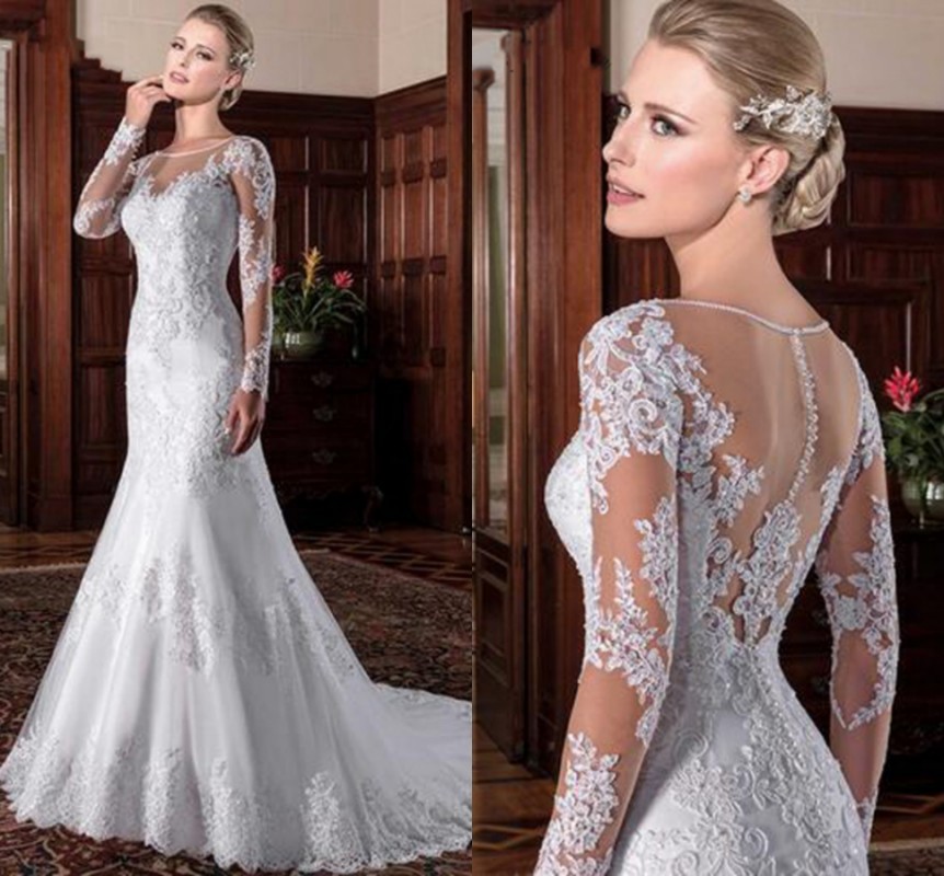 Illusion Vintage Mermaid Wedding Dress 2022 vestidos de novia Embroidery Appliques Long Sleeves White Bridal Gown robe de mariee