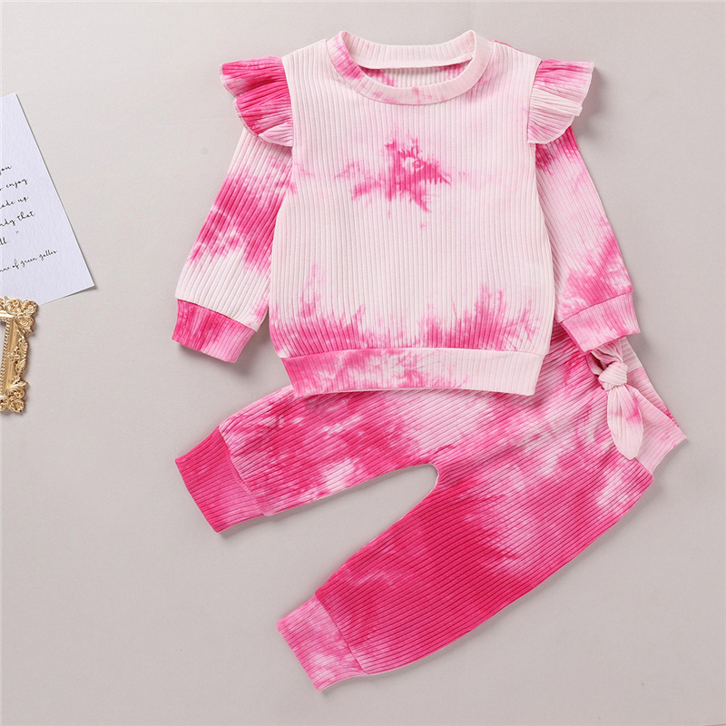 0-4 Years Old Kids Clothing Baby Girl Tie Dye Outfit Ruffled Long Sleeve T-shirt Infant Baby Clothes Gift Sets Of Four StylesX1019