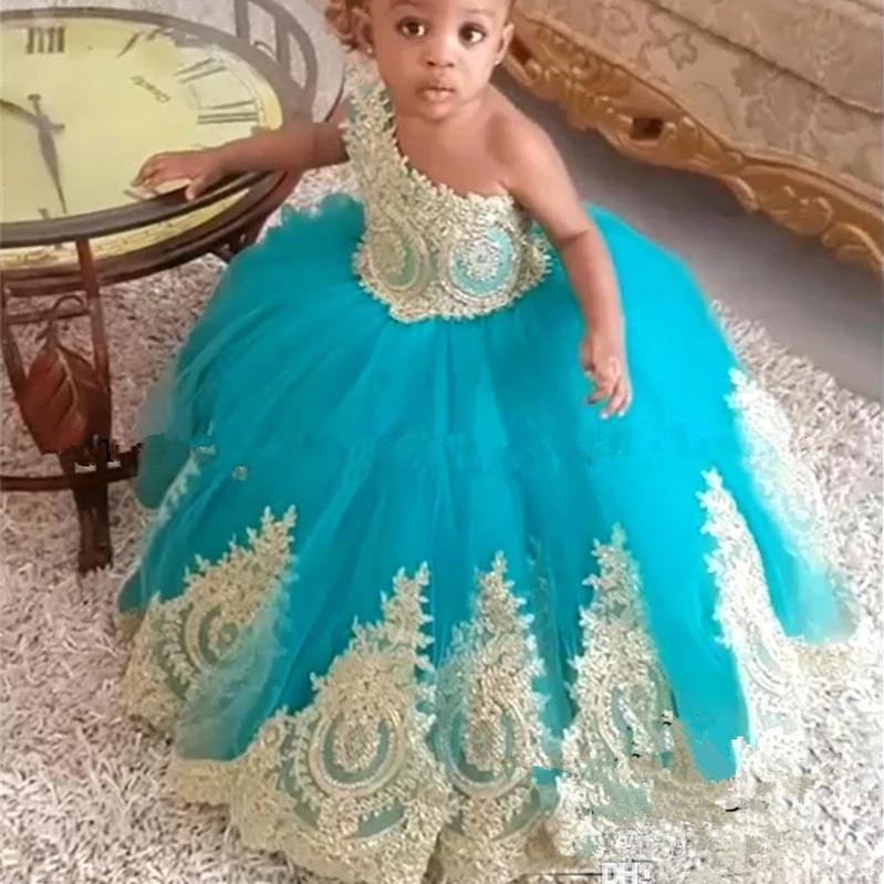 One Shoulder Ball Gown Girl Pageant Dresses with Gold Embroidery Flower Girl, Black