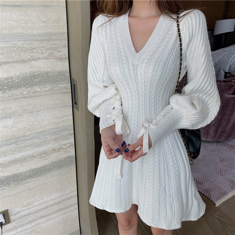 Elegant Lace-up Lantern Sleeve A-line Knitted Dress Temperament V Neck Twist Pattern Sweater Dress Women Autumn Winter Dress 201030