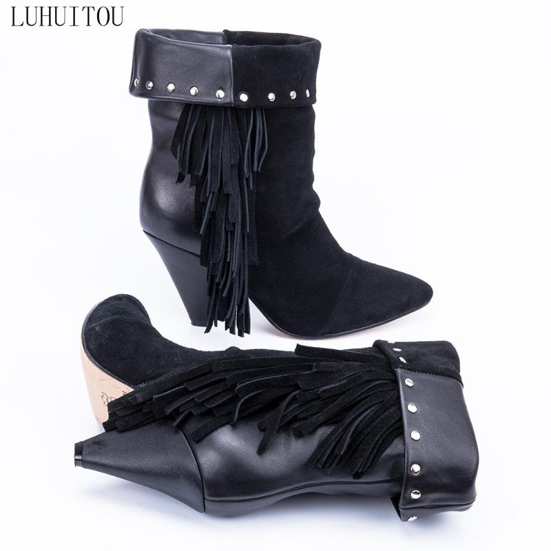 Boots Women`s Fashion Winter High-heeled Woman Autumn Suede Fringe Ankle Tassel Casual Genuine Leather Shoes Cowboy1