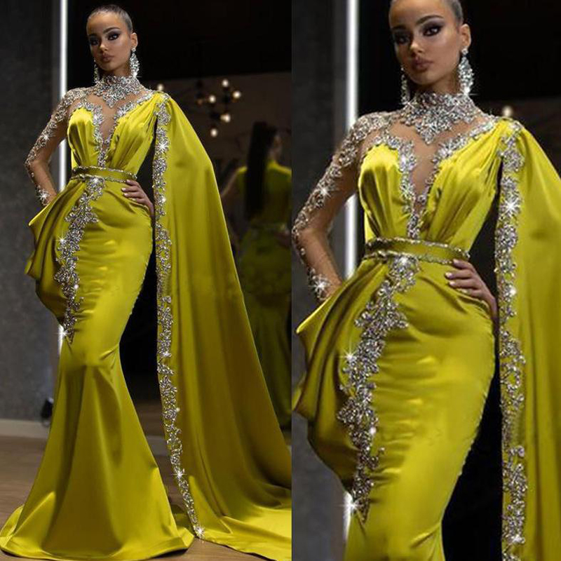 2021 Luxury Beaded Crystals Evening Dresses High Collar with Cape Ruffles Satin Ruffles Long Sleeves Prom Party Gowns vestido de noche