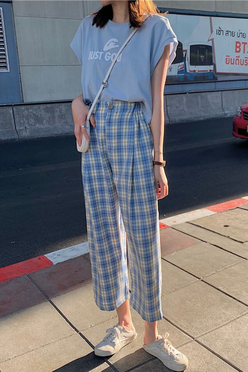HOUZHOU Summer Checkered Pant Plaid Pants Korean Style Wide Leg Casual Loose High Waist Straight Trousers 201109