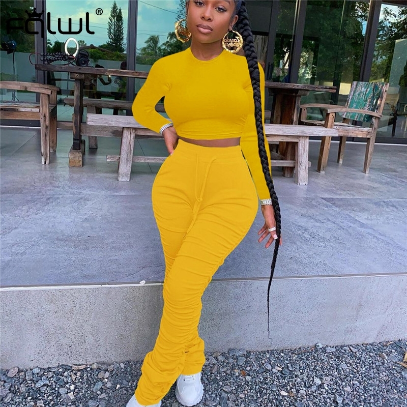 FQLWL Streetwear Autumn Two 2 Piece Set Women Outfits Long Sleeve Crop Top Female Stacked Leggings Pants Ladies Tracksuit Women 201007