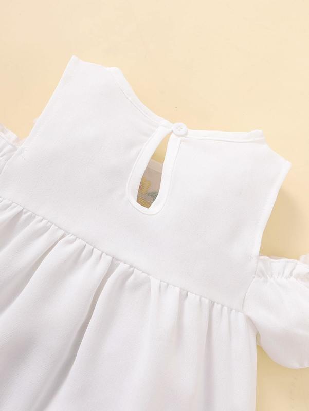 Baby Floral Embroidery Cold Shoulder Puff Sleeve Dress SHE