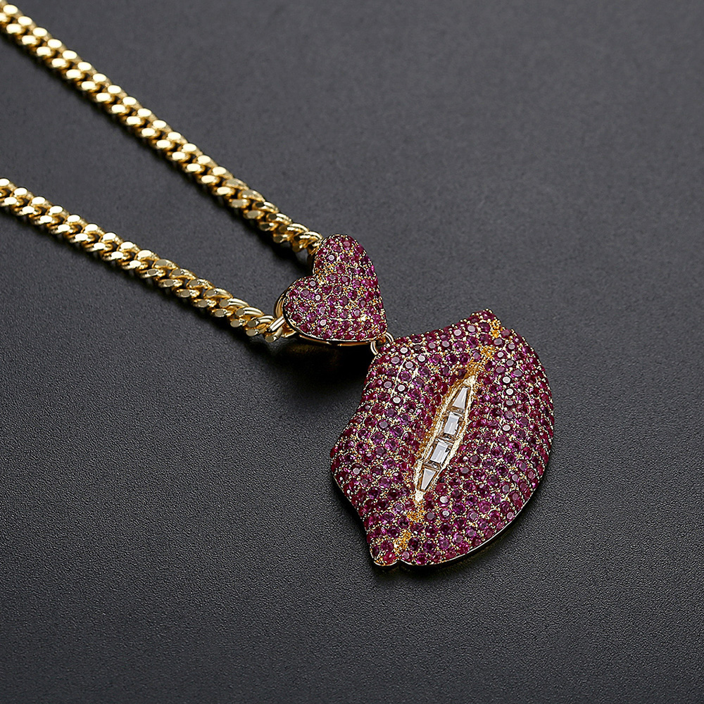 Hip Hop TopBling Red Zircon Lips Pendant Necklace Gold Plated Mens Necklace Rap Jewelry