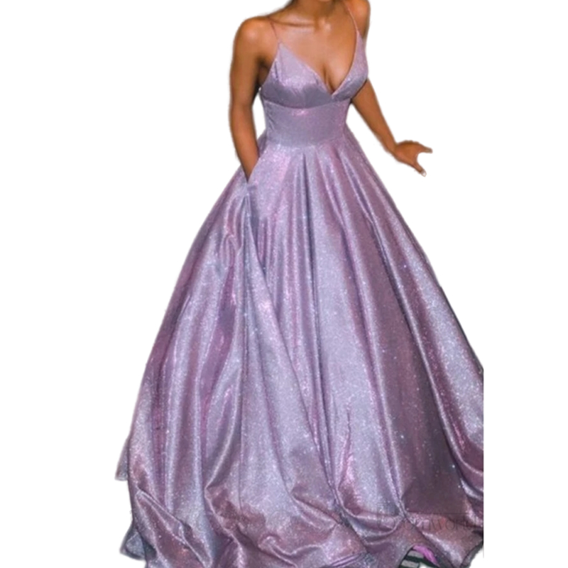 Sparkly Light Purple Lilac Prom Dresses 2022 Sexy V Neck Spaghetti Strap Backless A Line Long Sequined Vestido De Festa Formal Evening Gowns With Pock