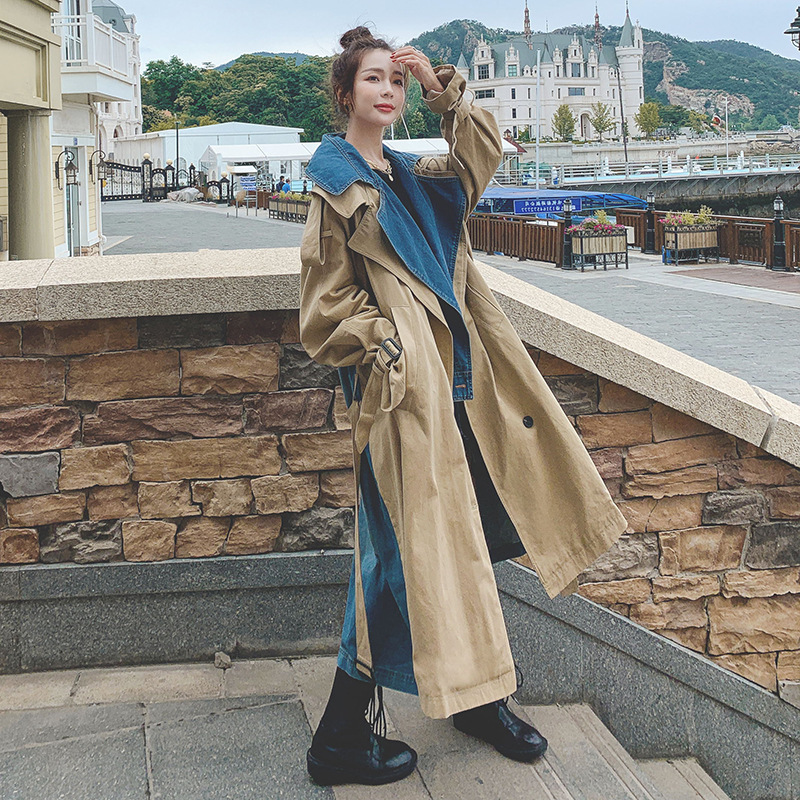 [DEAT] New Autumn Fashion Women's Trench Coat Casual Denim Patchwork Full Sleeve Double Lapel Collar Loose With Belt TX159 201028