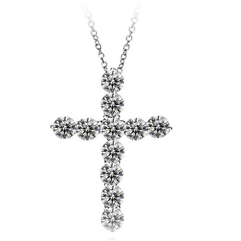 Brand New Jewelry Sterling Sier Full Round Cut White Topaz CZ Dia Cross Pendant Party Popular Women Clavicle Necklace Gift