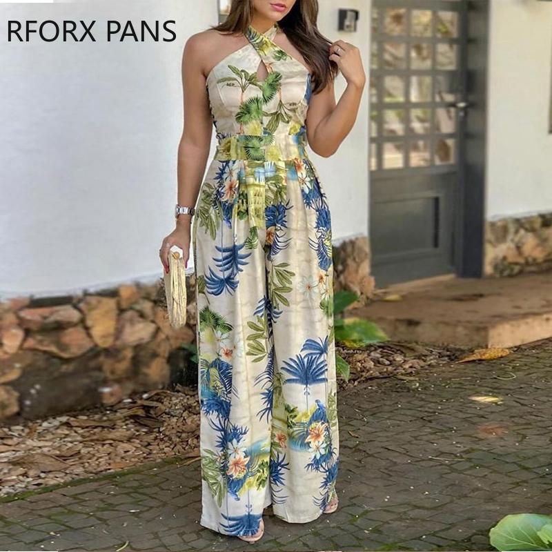 Crisscross Halter Tropical Print Jumpsuits T200107
