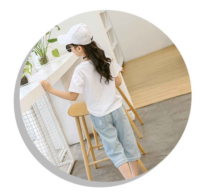 Kids Summer Clothes Set for Girl White T Shirt And Ripped Jeans Children Outfits 6 8 10 12 Years Girls Clothing SuitsX1019