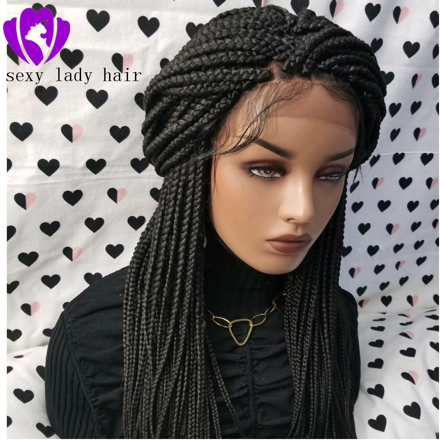 Free part fully Hand Braided Full Lace front Braided Wig natural box braids synthetic lace frontal wig Bleached knots with baby hair
