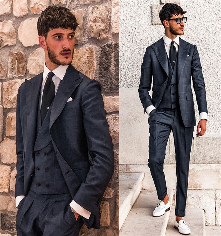 3-piece Mens Suits Black Plaid Groom Tuxedos Handsome Lapel Bridegroom Wedding Suit Formal Wear For Best Men Wedding Tuxedos