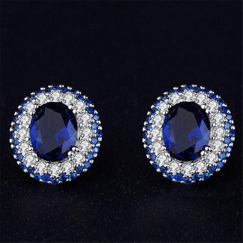 Choucong Brand Stud Earrings Luxury Jewelry 925 Sterling Silver Oval Cut Blue Sapphire CZ Diamond Gemstones Promise Women Engagement Band Earring For 