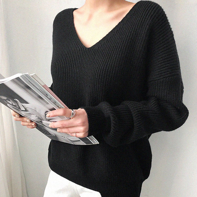 Casual Pullover Autumn Winter Women's Sweaters V-Neck Minimalist Tops New Fashionable Korean Style Knitting Solid 7290 50 201111wtt