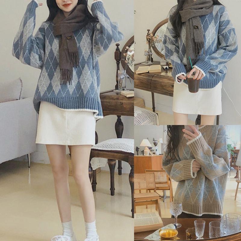 Women's Fashion Round Neck Loose Pullover Diamond Check Sweater Thicken Sweater, Blue
Women's Fashion Round Neck Loose Pullover Diamond Check Sweater Thicken Sweater, Blue