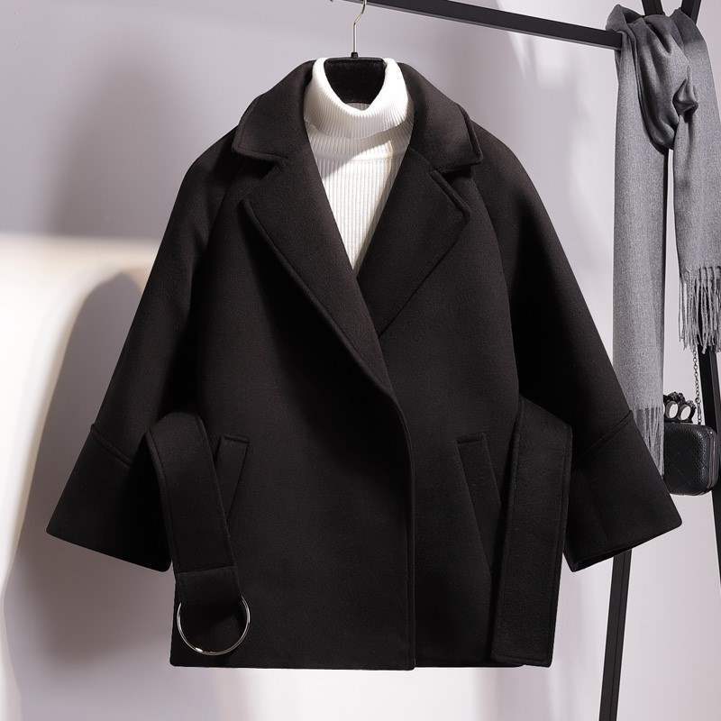 Ly Varey Lin Women Short Woolen Coat Belt Jacket Turn-down Collar Casual Loose Woolen Trench Coats Female Plus Size Outerwear 201030