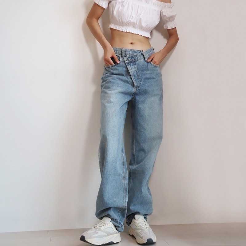 Women Asymmetric Fly Jeans With Button Closure Split Waist Straight Leg Jeans 201109