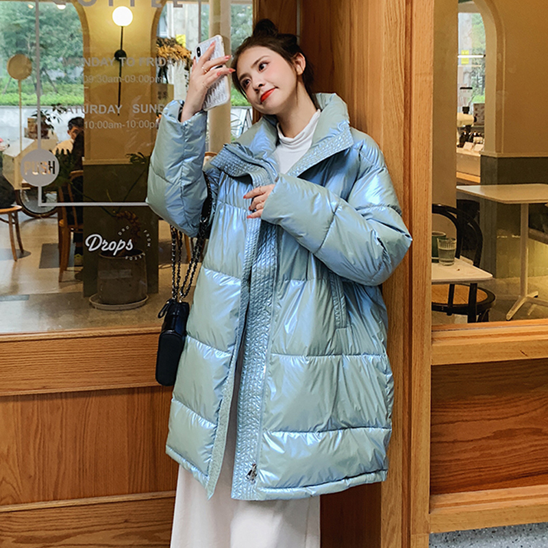 Winter Women Long Jacket Shiny Thick Oversized Female Cold Coat Stand Collar Solid Loose Cotton Padded Casual Parkas Woman 201026