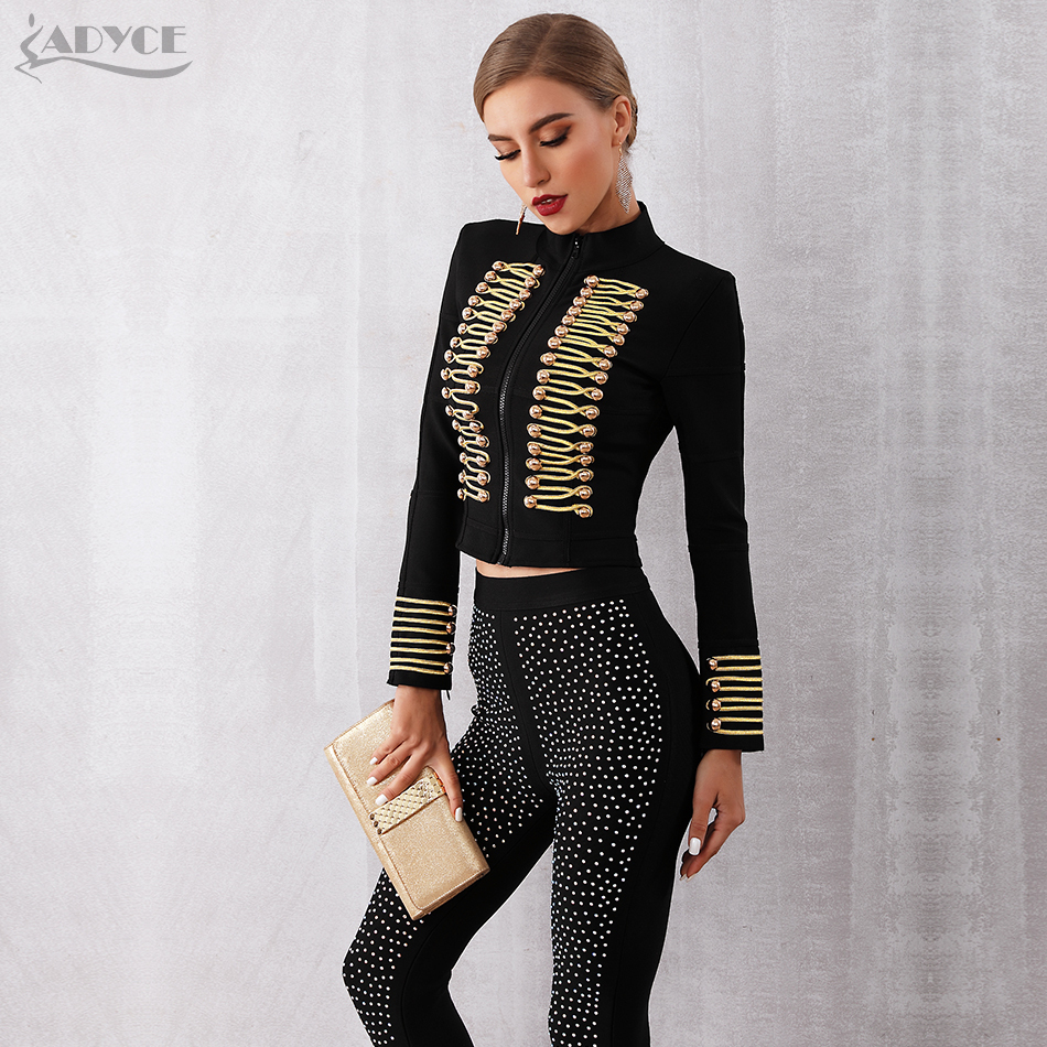 Adyce New Women Bandage Runway Jackets And Coats Elegant Button Black Long Sleeve Zipper Jacket Celebrity Lady Outwear Coat 201109