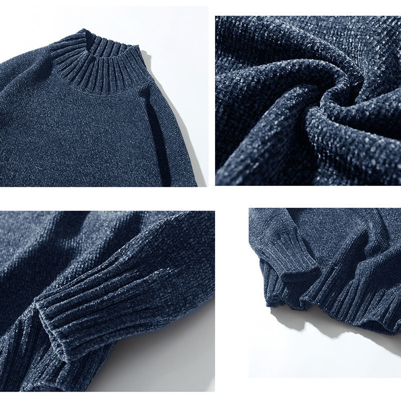 Fashion Half Turtleneck Sweater Men Solid Loose Casual Streetwear Pullover Japanese Male Clothing Autumn Chenille Knitted Tops 201203